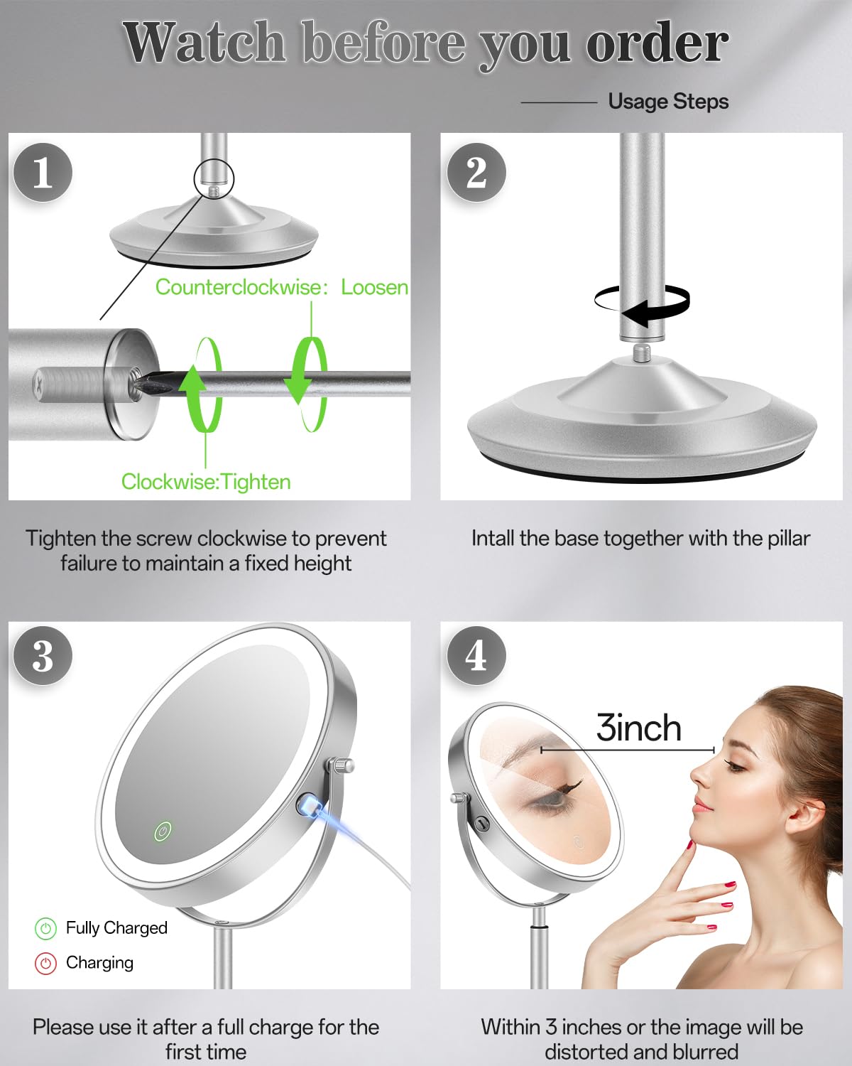vpu Makeup Mirror with Lights, 1X/30X Lighted Magnifying Mirror Height Adjustable, 3000mAh Rechargeable Double Sided Vanity Mirrors with 3 LED Lighting and Adjustable Brightness for Desk Women Gift