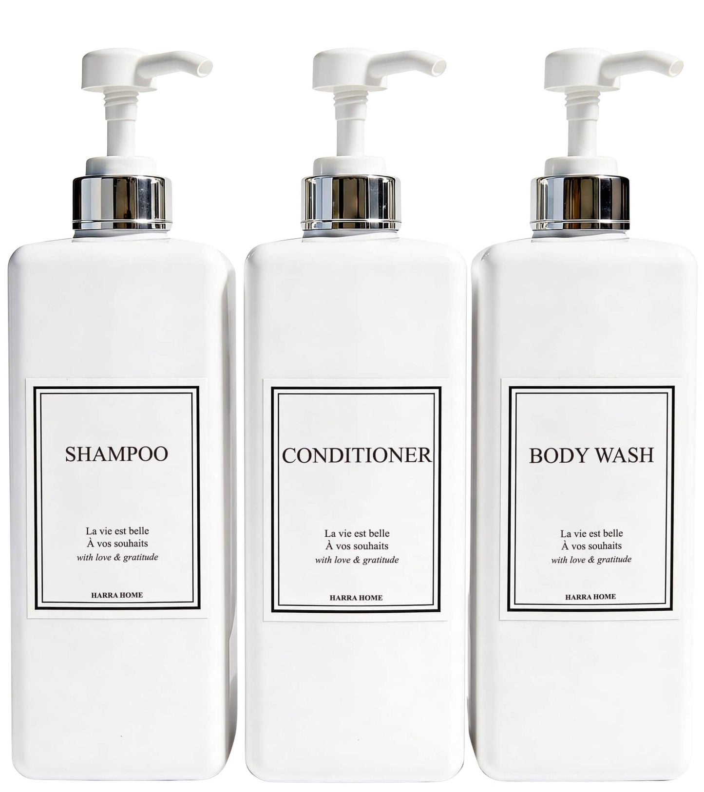 HARRA HOME Modern Gold Design Pump Bottle Set 27 oz Refillable Shampoo and Conditioner Dispenser Empty Shower Plastic Bottles with Pump for Bathroom Lotion Body wash, Pack of 3 (White & Silver)