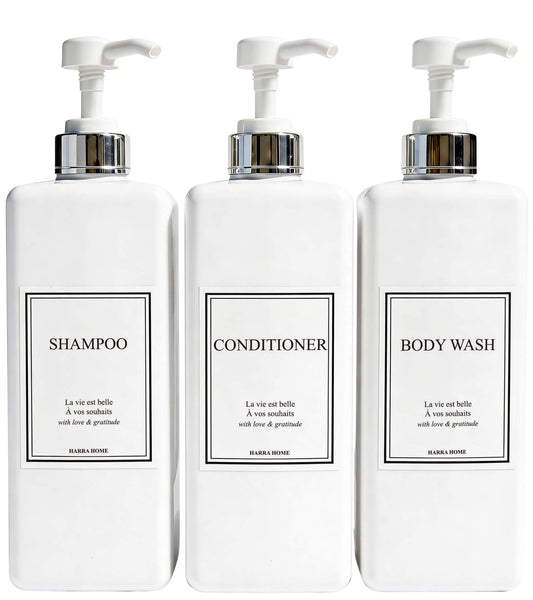 HARRA HOME Modern Gold Design Pump Bottle Set 27 oz Refillable Shampoo and Conditioner Dispenser Empty Shower Plastic Bottles with Pump for Bathroom Lotion Body wash, Pack of 3 (White & Silver)