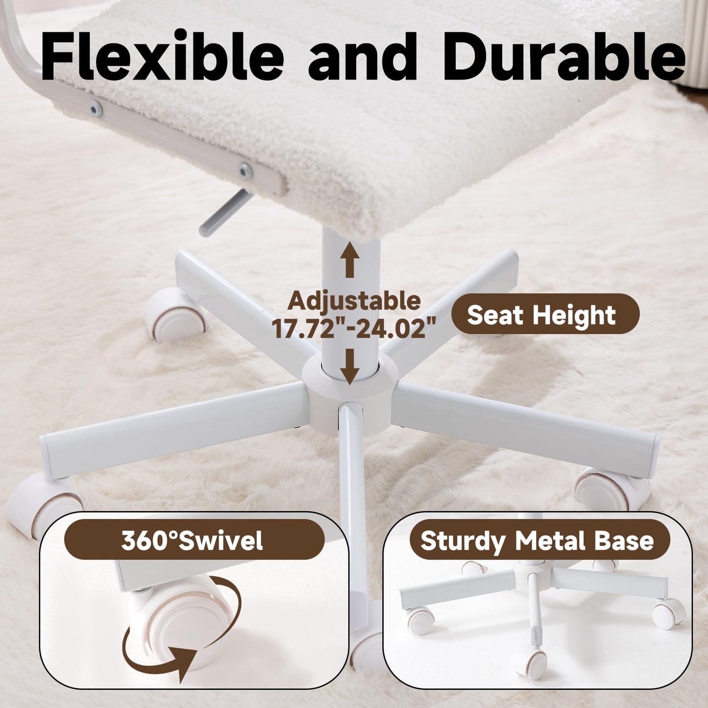 Manyday Office Chair Vanity Chair with Wheels, Comfy Small Desk Chair Vanity Chair with Back, Cute Teddy Armless Adjustable Swivel Chair for Bedroom Home Computer Task, White