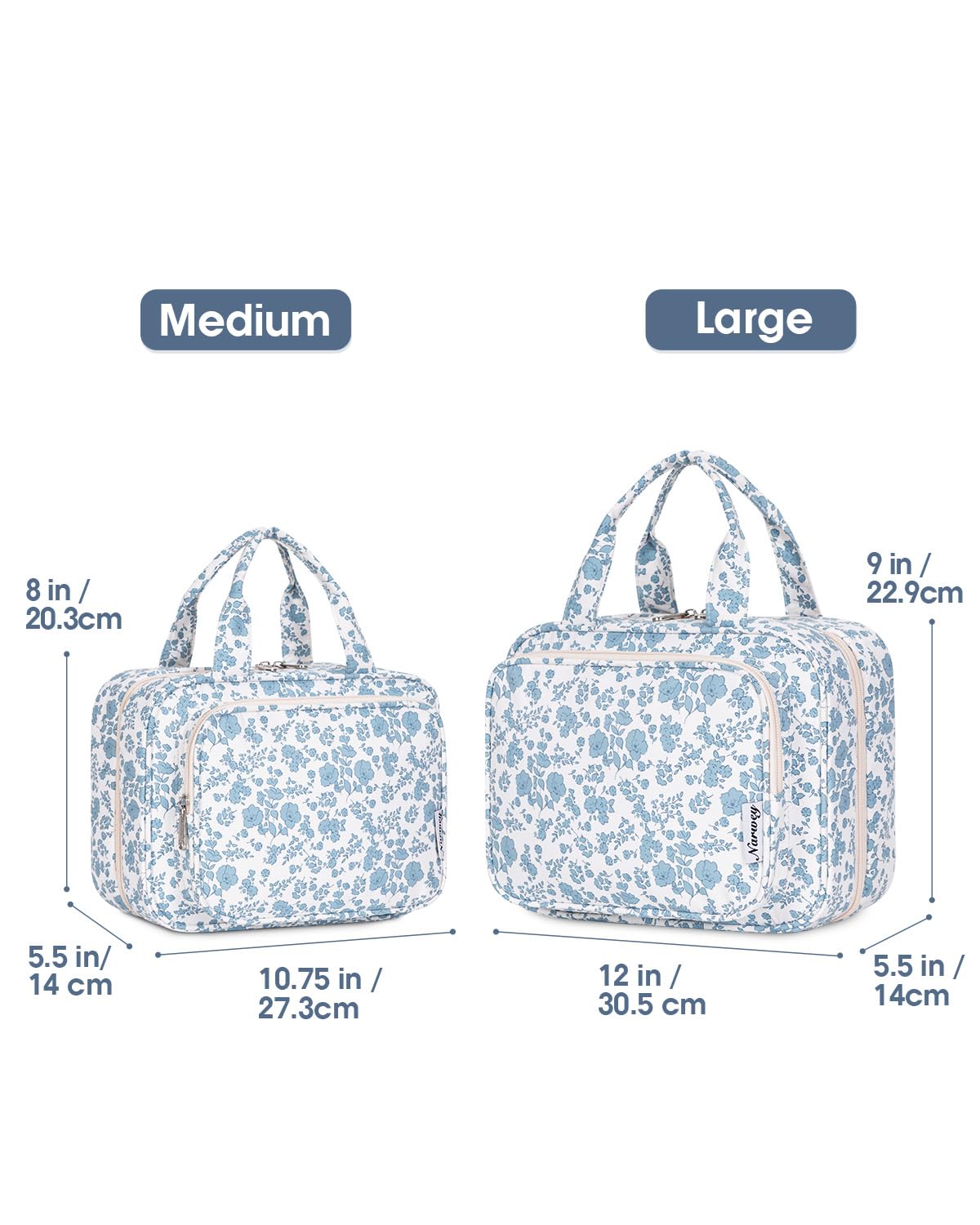 Narwey Travel Toiletry Bag for Women Large Hanging Makeup Bag Organizer Toiletries Bag for Full Size Essentials Accessories Cosmetics (Blue Flower (Large))