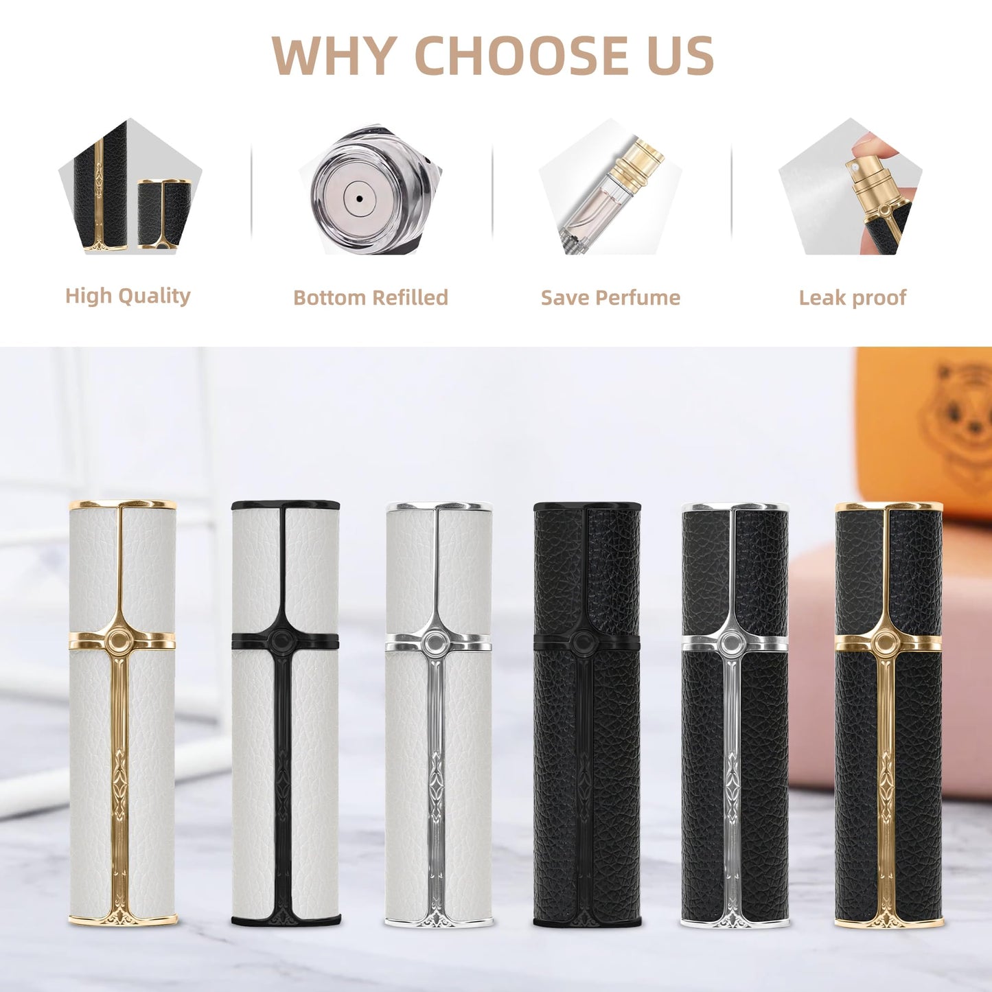 muilsae BF01WHG Leather Perfume Bottle 10ml – Bottom-Fill Refillable Dispenser, Leak-Proof & Portable for Men & Women, Ideal for Travel, Gifting & Daily Use (WHG)
