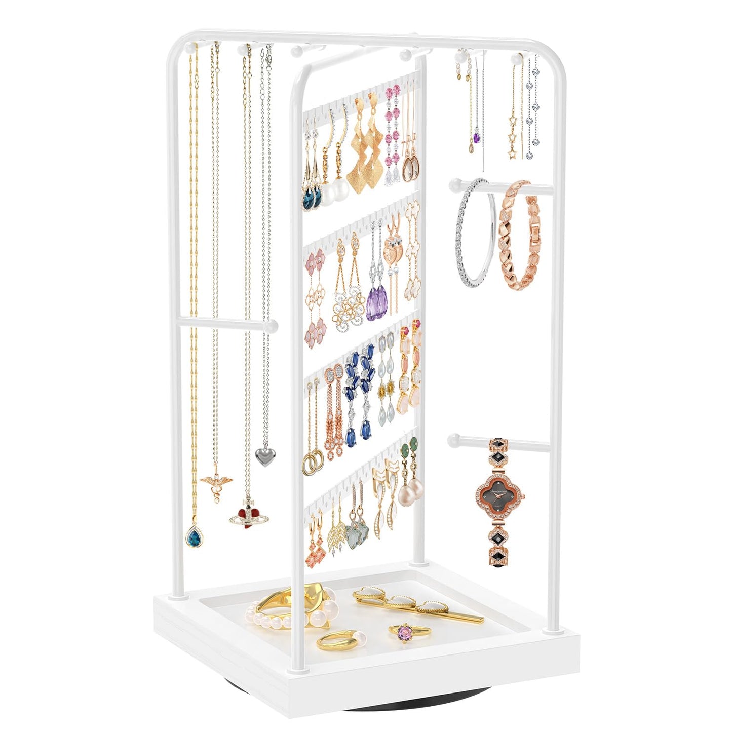 MODOWEY Earring Necklace Holder Organizer Jewelry Stand, Wood Rotating Display Tree for Vendor Selling, Tiered Tower Rack for Pierced Stud Bracelet 90+ Pieces Storage, Easy Access for Women, White