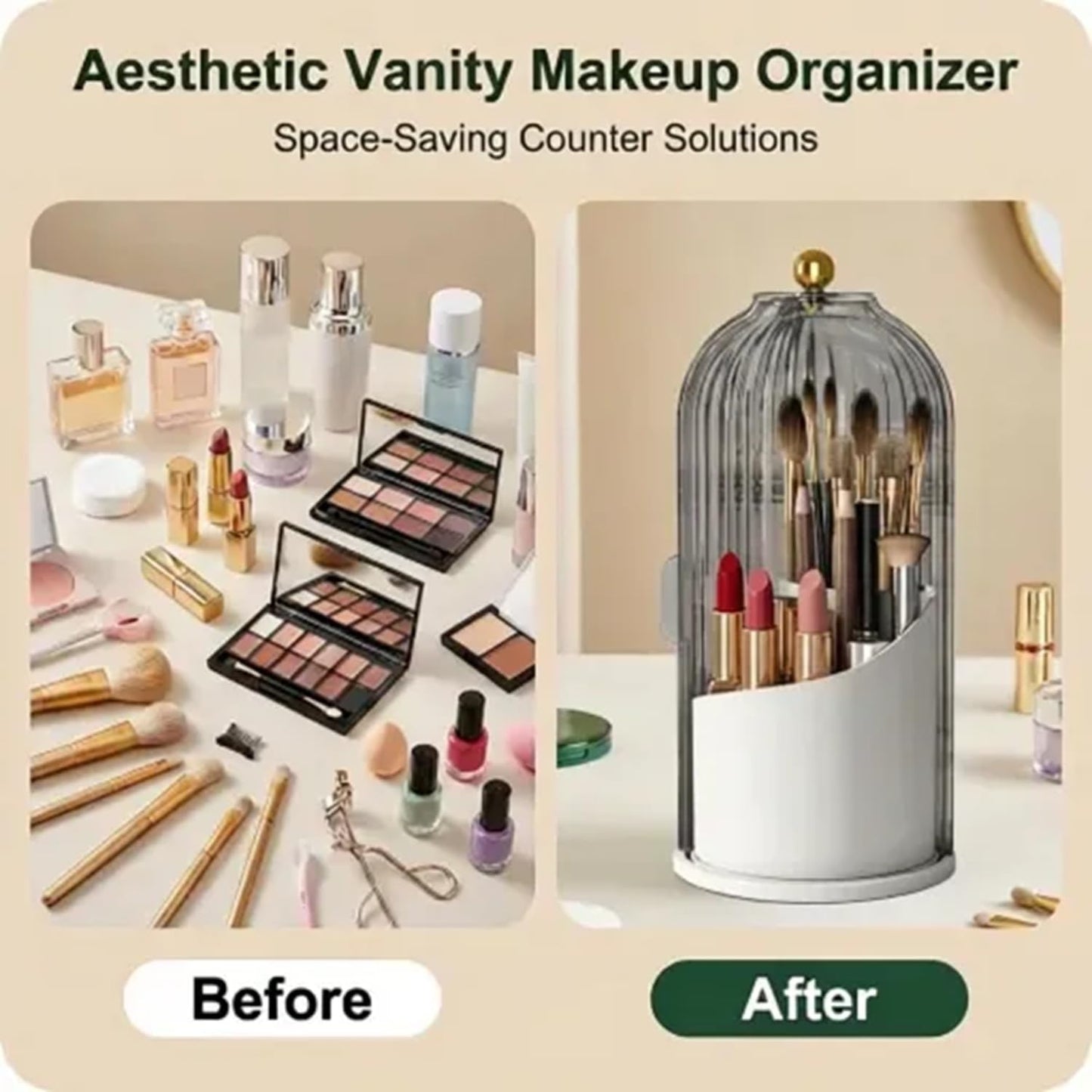 sagact Makeup Brush Holder with Lid 360° Rotating 3-Compartment Makeup Organizers for Vanity, Waterproof & Dustproof Cosmetic Storage Box for Dressing Table (Transparent Black)