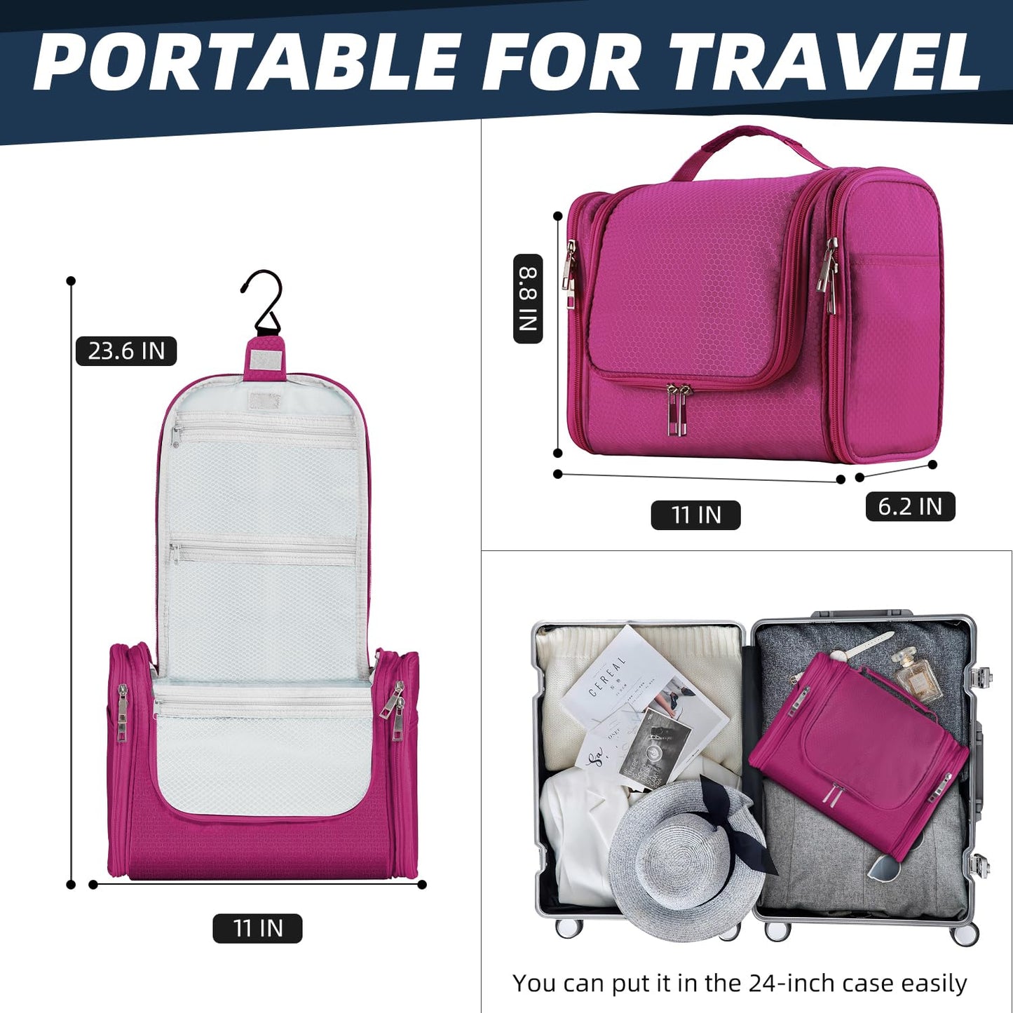Buruis Large Capacity Waterproof Toiletry Bag for Women, Hanging Toiletry Organizer, 11"x 6.2"x 8.8", Fushcia