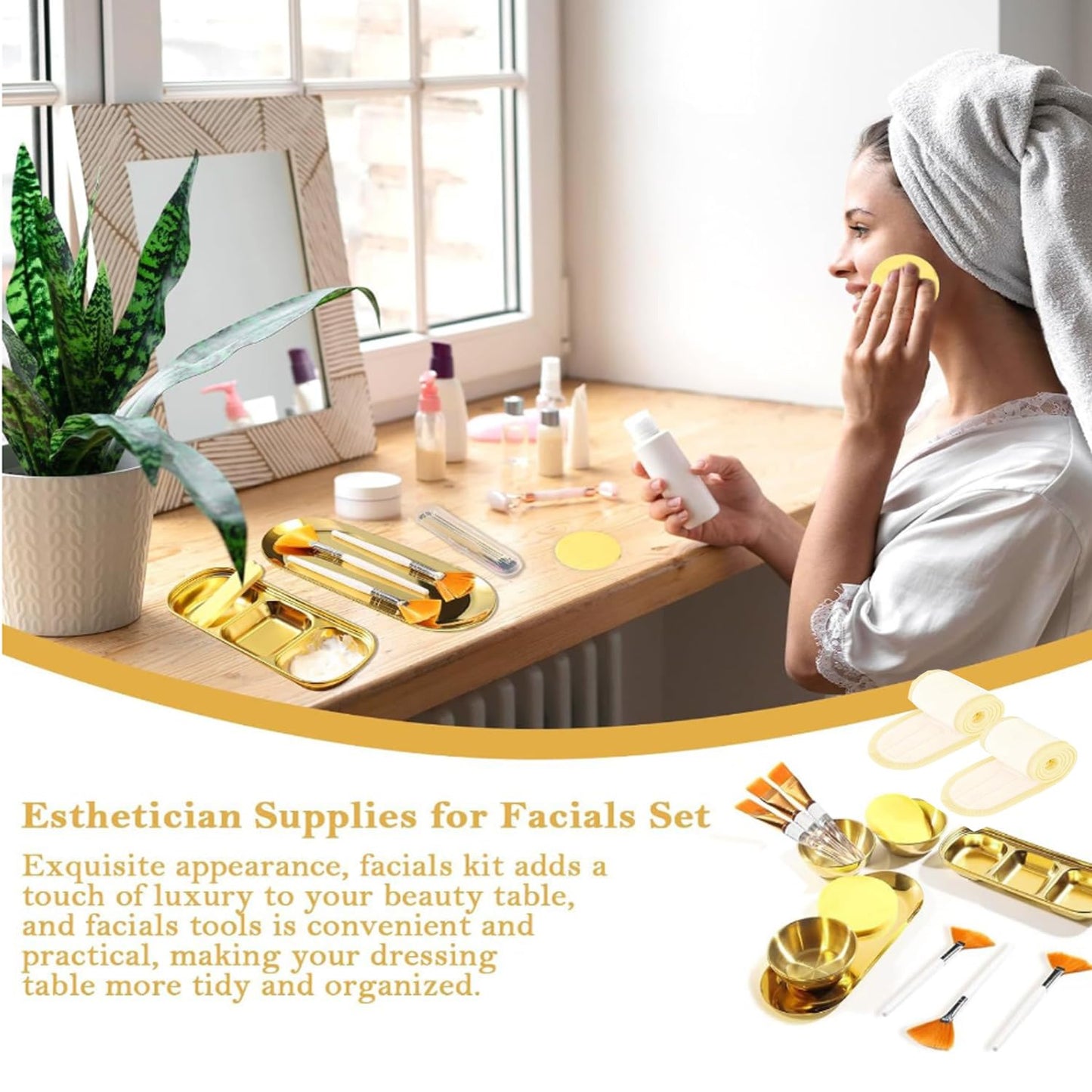 25 Pcs Esthetician Facial Supplies Set Stainless Steel Gold Mixing Bowls Silicone Brush,Fan Brushes Skincare Tray Serving Tray Compressed Sponges Spa Headbands for Women Mask Spa Body Skincare (Gold)