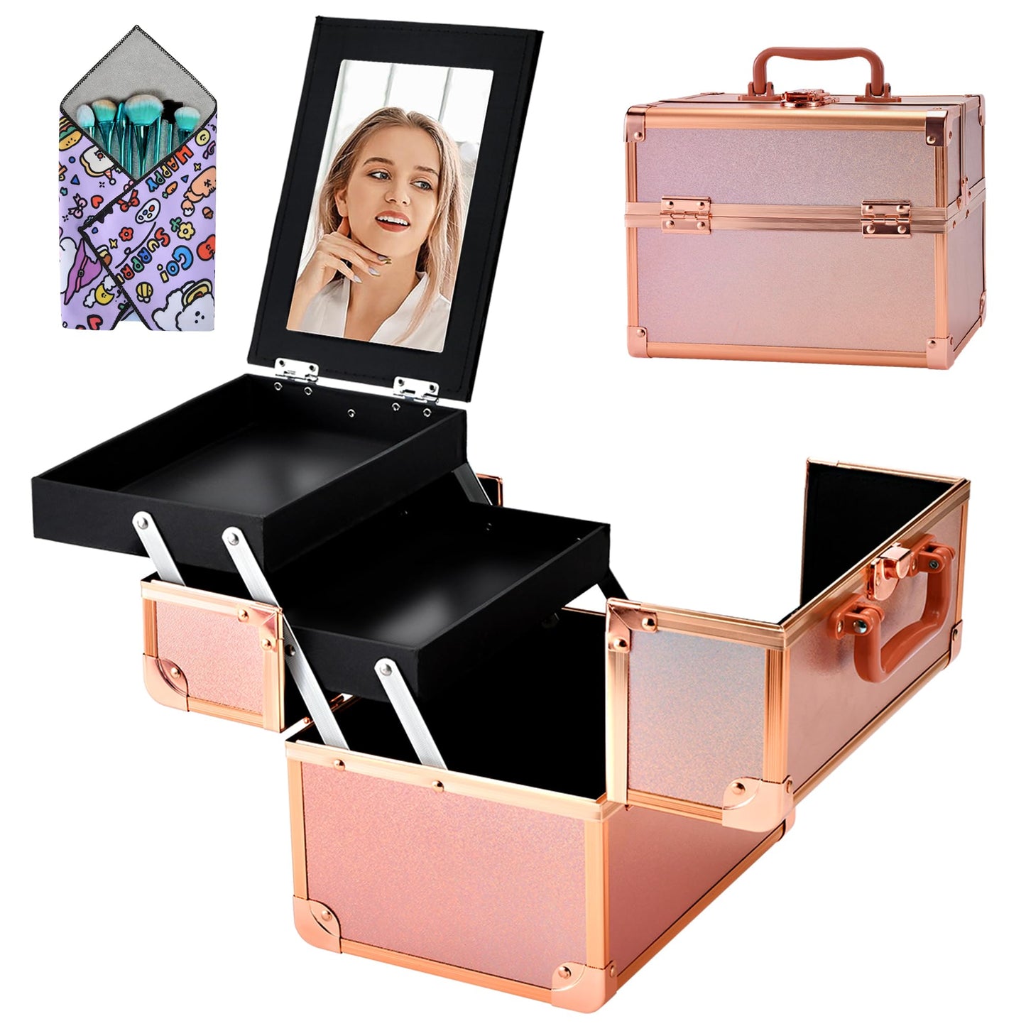 GALHUBIS Makeup Train Case, Portable Makeup Case with Mirror, 2-Trays Cosmetic Organizer Case,Nail Polish Organizer, Travel Makeup Box, Profesional for Salon Barber, Rose Gold