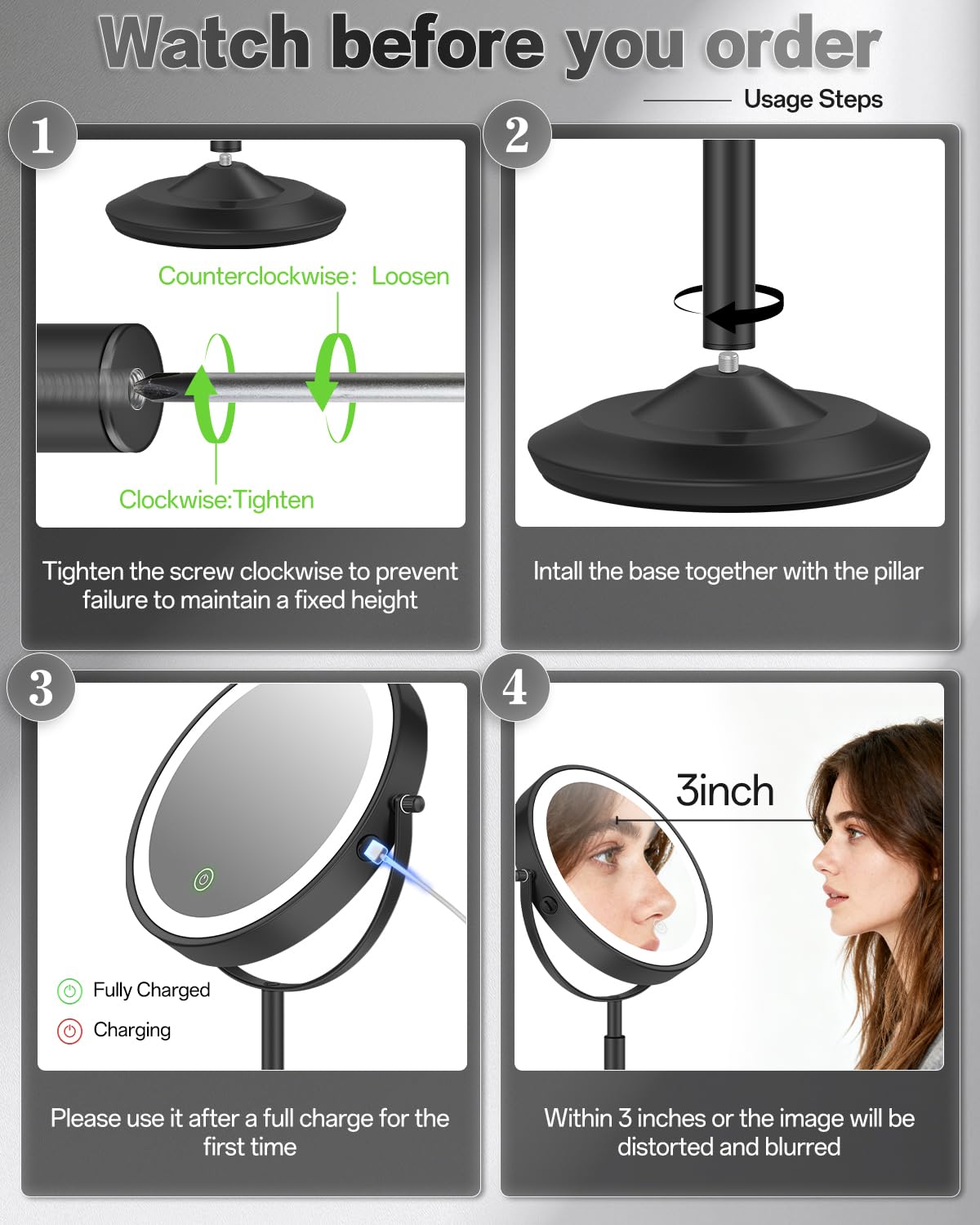 VFD 30X/1X Makeup Mirror with Lights, Height Adjustable Lighted Magnifying Vanity Mirror with 3 Lighting and Adjustable Brightness, 3000mAh Rechargeable Double Sided Switch for Desk Women Gift