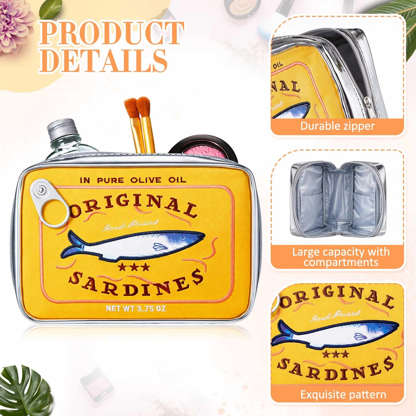 Reginary 2pcs Canned Sardines Makeup Bag + Mini Folding Hair Brush with Mirror, Tin Fish Kawaii Cosmetic Pouch, Cute Pencil Case, Waterproof Travel Toiletry Bag for Women, Party Favors, Gifts(Yellow)