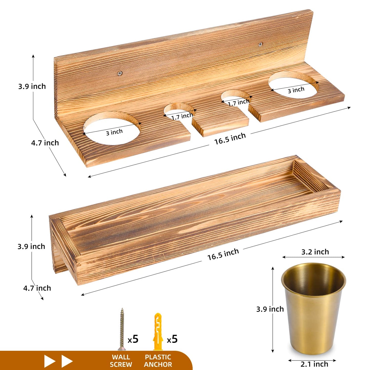 UPTRUST Wall Mount Hair Tool Organizer, Set of 2 Layer Rustic Wooden Dryer Holder Rack, Product Organizer Tray for Dryer with 4 Hooks