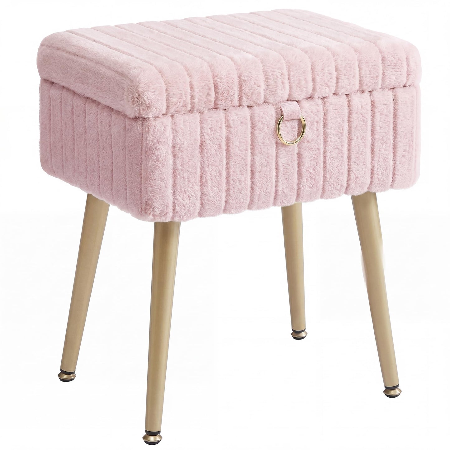 SONGMICS Vanity Stool Chair Faux Fur with Storage, Vanity Bench, Metal Legs, Adjustable Feet, for Living Room, Bedroom, Makeup Room, Jelly Pink ULOM505SZ02