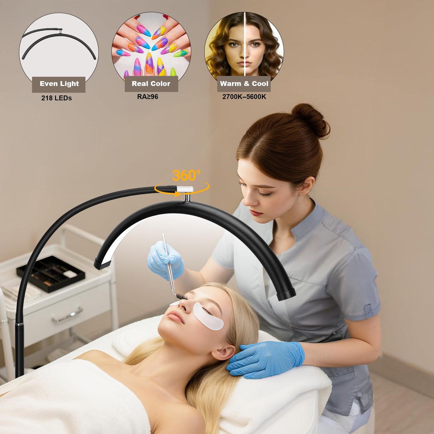 Half Moon Lash Light with Tool Tray for Eyelash Extensions - Professional LED Lamp for Eyetech,Tattoo Artists, Estheticians | Dimmable Cool/Warm Lighting & Brightness | Shadow-Free Design (Remote)