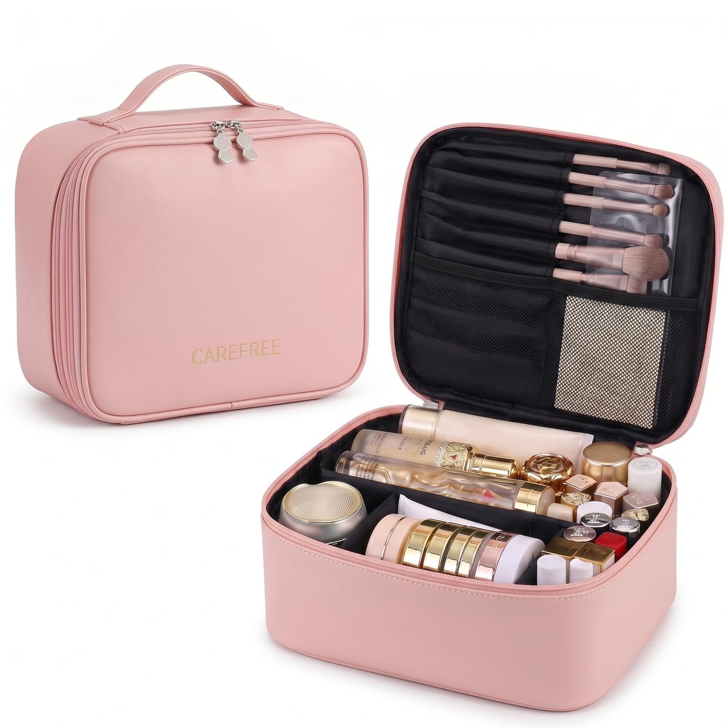 Makeup Bag for Women, Large Cosmetic Organizer Punch with Brush Holder,Waterproof PU Leather Portable Beauty Toiletry Case for Girl Skincare,Cosmetics and Travel Essentials,Gift for Womens (Pink)