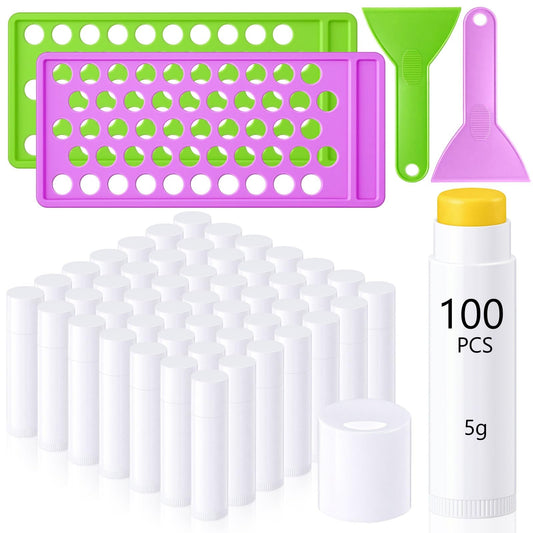 Singhoow 100 Pcs Lip Balm Tubes with 2 Filling Tray and 2 Spatula, 5 g Twist-up Lip Balm Containers with Caps for DIY Homemade Lipsticks, Solid Perfume, Gifts, Bpa Free & Leak Free(White)