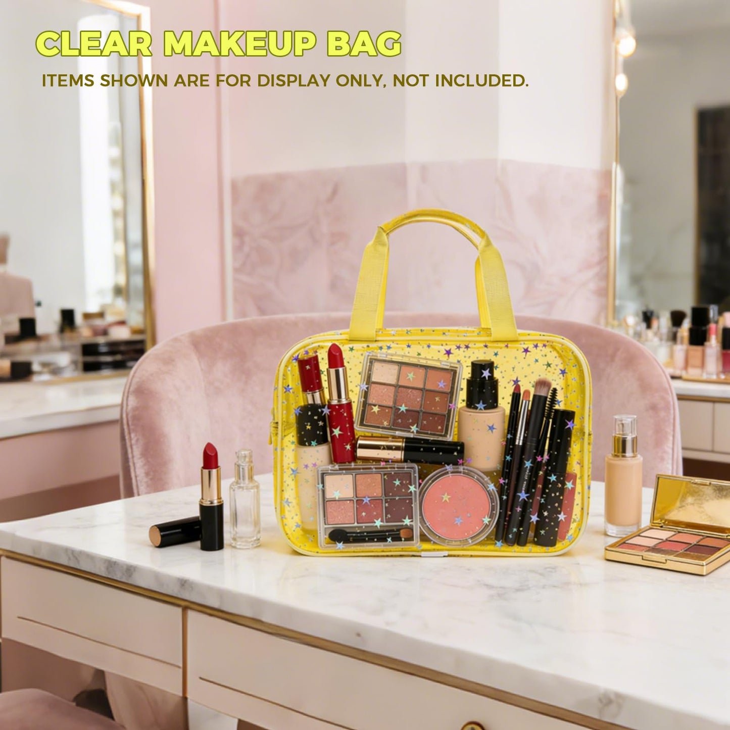 Junesters Clear Yellow Star Large Makeup Bag with Star Pattern 12x5x8 inch, Travel Cosmetic Bag with Handle, Durable PVC Material Washbag Zipper Opening Design for Makeup Travel Organizer or Gym Use
