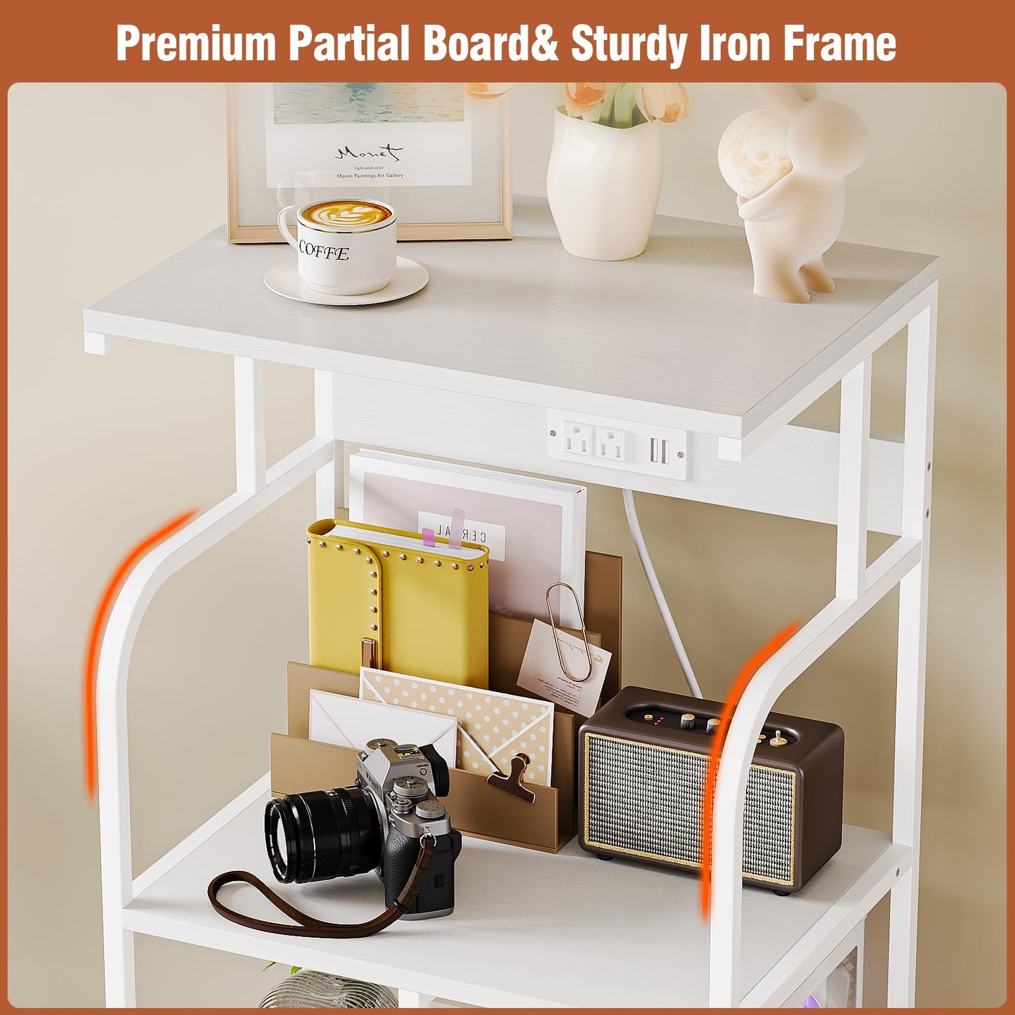 VEDECASA Mobile High Printer Stand with Power Outlet Charging Plugs USB Port Office Storage Shelf Includes Computer Tower CPU Stand Holder with Wheel (White)
