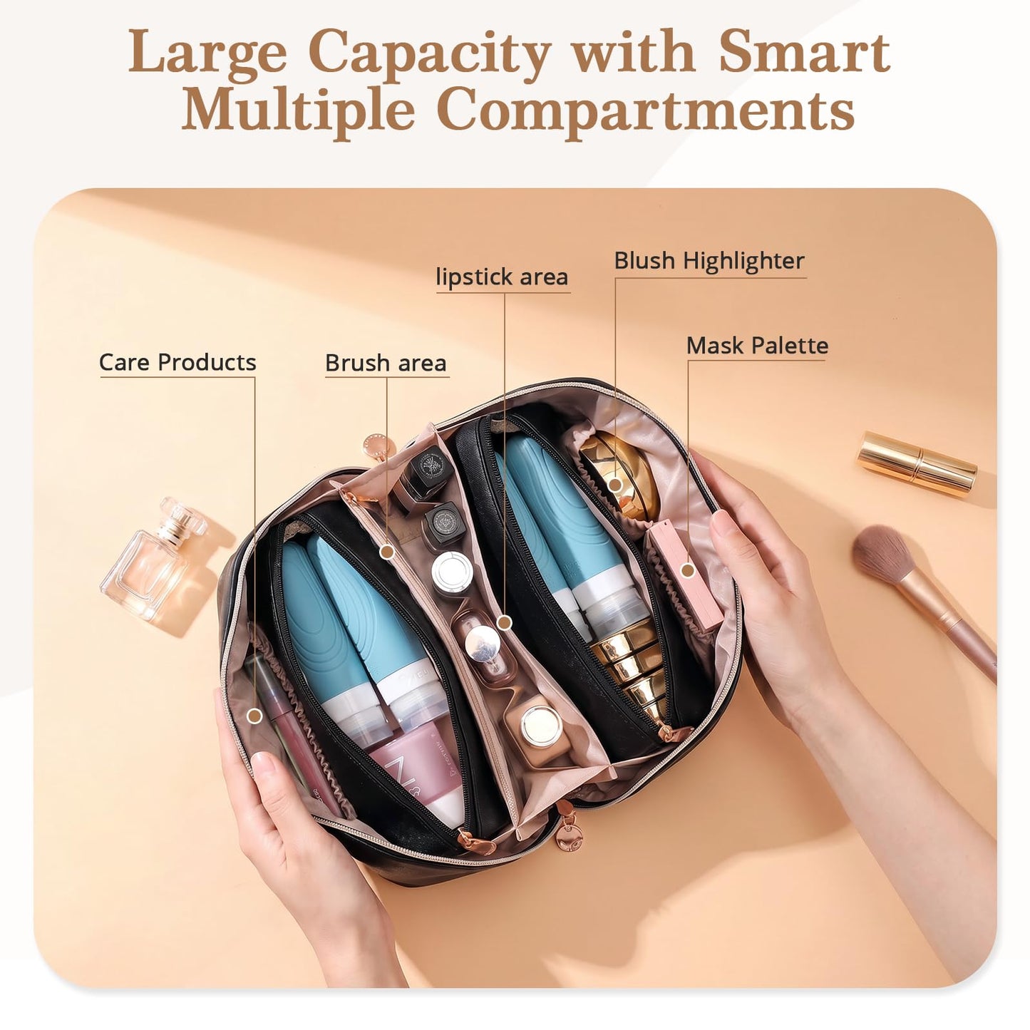 MOT HINN Travel Makeup Bag for Women: 3-in-1 Large Capacity Cosmetics Organizer with 2 Detachable Pouch - Vegan Leather Flat Open Toiletry Bag - Portable Travel Essentials for Full-Sized Bottles-Black