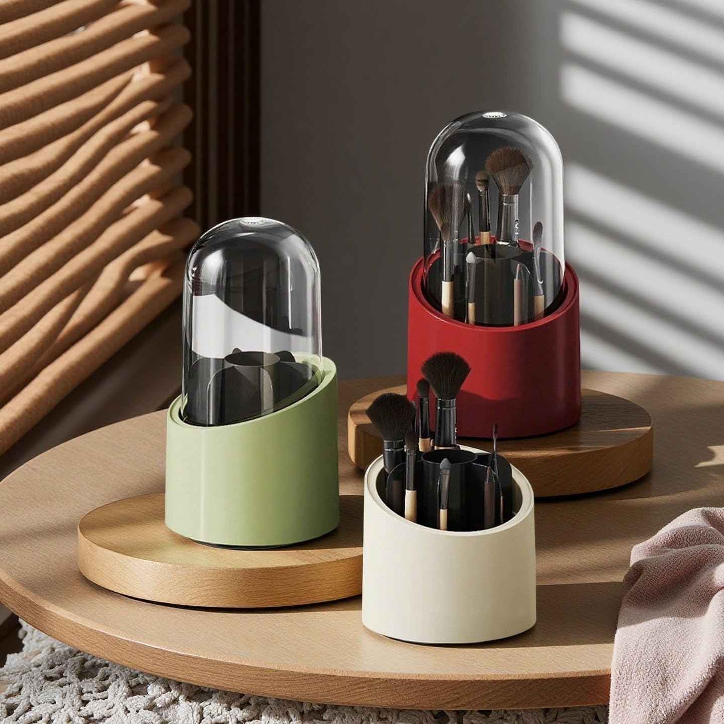 Fantasee 360° Rotating Makeup Brush Organizer, 7-Compartment Storage with Transparent Dustproof Cover, Cosmetic Tools Storage Holder for Bathroom Vanity Countertop (Neutral Beige, Cylindrical)