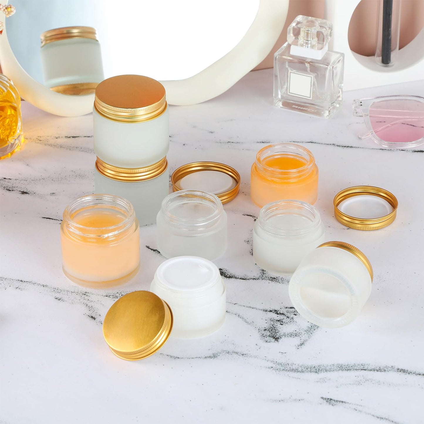 RAMFIYN 24 pack Small Clear Frosted Glass Cosmetic jars with Golden Metal Lids 2oz Bulk for Sample Lotion Cream Travel Jar Cosmetic Container