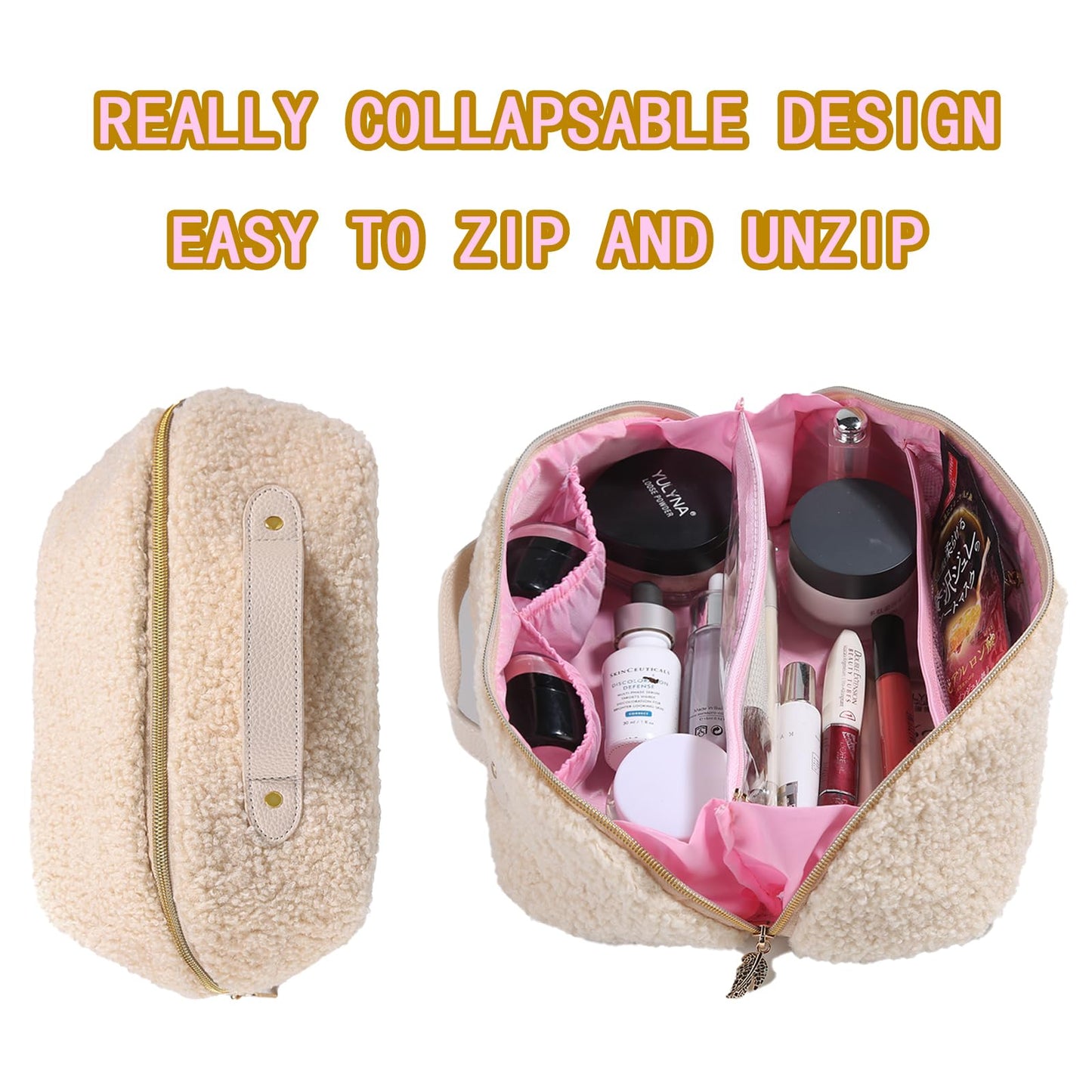 OpNelDum Makeup Bag - Large Capacity Travel Cosmetic Bag, Travel Toiletry Bag Cute Plush Makeup Pouch with Handle and Divider Flat Lay Portable Makeup Case Organizer for Women (White)