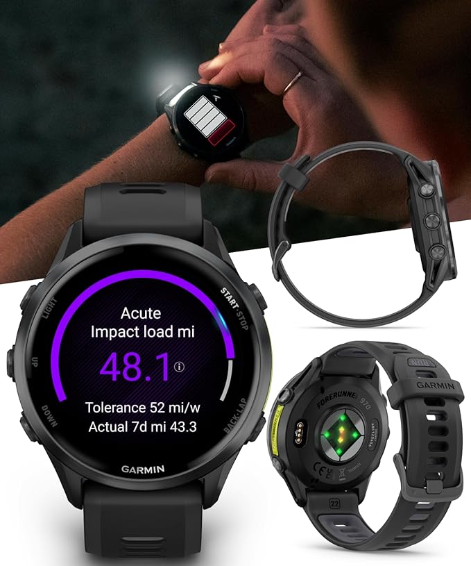 Wearable4U Garmin Forerunner 970 Carbon Gray DLC Titanium Smartwatch with Black Case and Black/Translucent Whitestone Band, AMOLED Display with Garmin HRM 600 S Power Bank Bundle