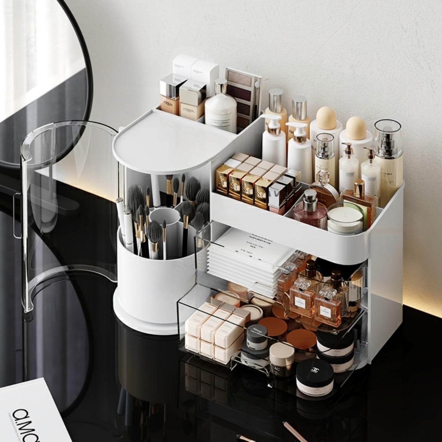 FYABREEK Makeup Organizer 14" D x 8.3" W x 9" H Cosmetic Organizer with Drawers Countertop Skincare Organizer for Vanity Cosmetic Display Case Storage Rotating Brush Holder (Cream)