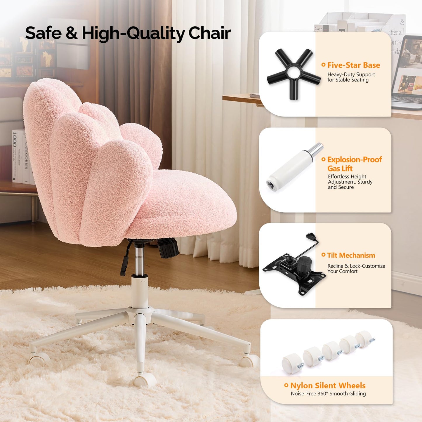VINGLI Lovely Petal Vanity Desk Chair with Star Pillow, Height Adjustable Armless Swivel Chair in Vibrant Color-Blocking, Modern Computer Task Chair for Bedroom & Home Office, Teddy Fleece,Pink