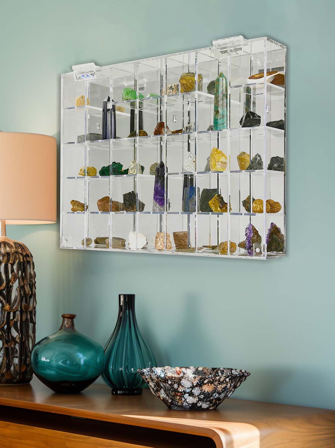 Adjustable Acrylic Display Case Clear Wall Mounted or Desktop 35 Room Storage Cabinet Organizer for Collectibles, Figures, Rock Collection, with Mirrored & Lid…