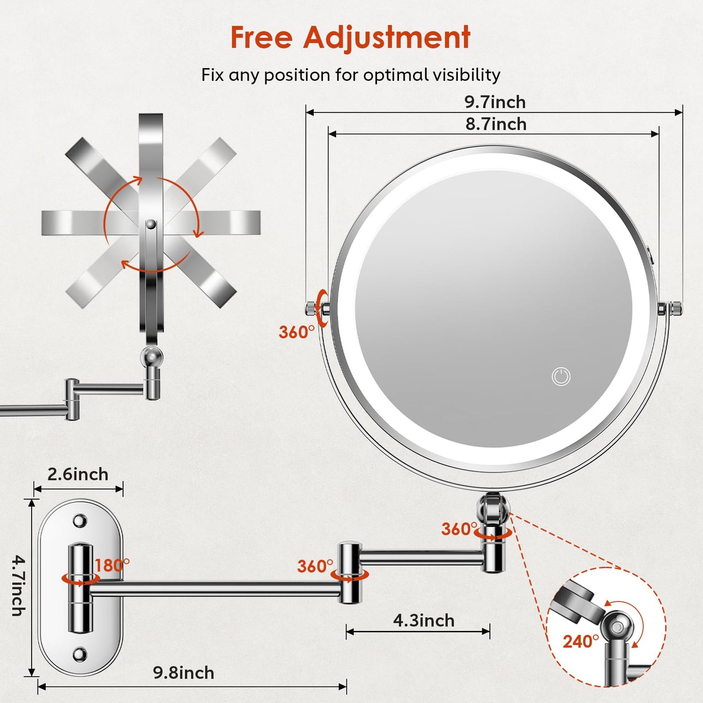 ZLOKLA 9" Wall Mounted Lighted Makeup Mirror,4000mAh Rechargeable Double Sided 1X/20X Magnifying Mirror with Light,Touch Dimmable,Extended Arm 360 Rotation Wall Mounted Makeup Mirror 3 Color Lights