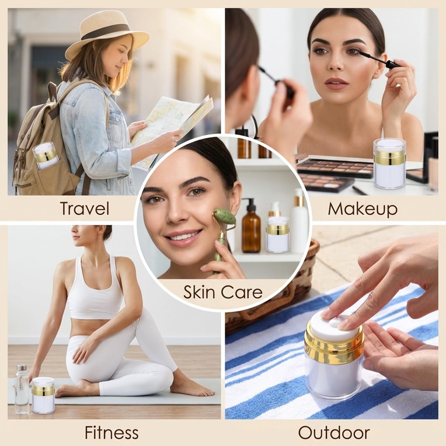 12PCS 1oz Gold Travel Jars for Creams, 30ml Airless Pump Jars Refillable Travel Bottles Empty Makeup Containers for Creams Lotion Moisturizer Toiletries Dispenser