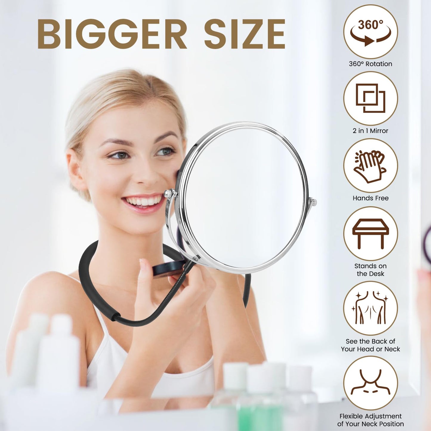 Big Size Double-Sided Mirror to See Back of Head, Hands Free Adjustable Mirror Hung Around The Neck, Two Way for Mirrors Women Man Makeup, Self Haircut, Standard Viewing, 5X Magnification 360° Mirrors