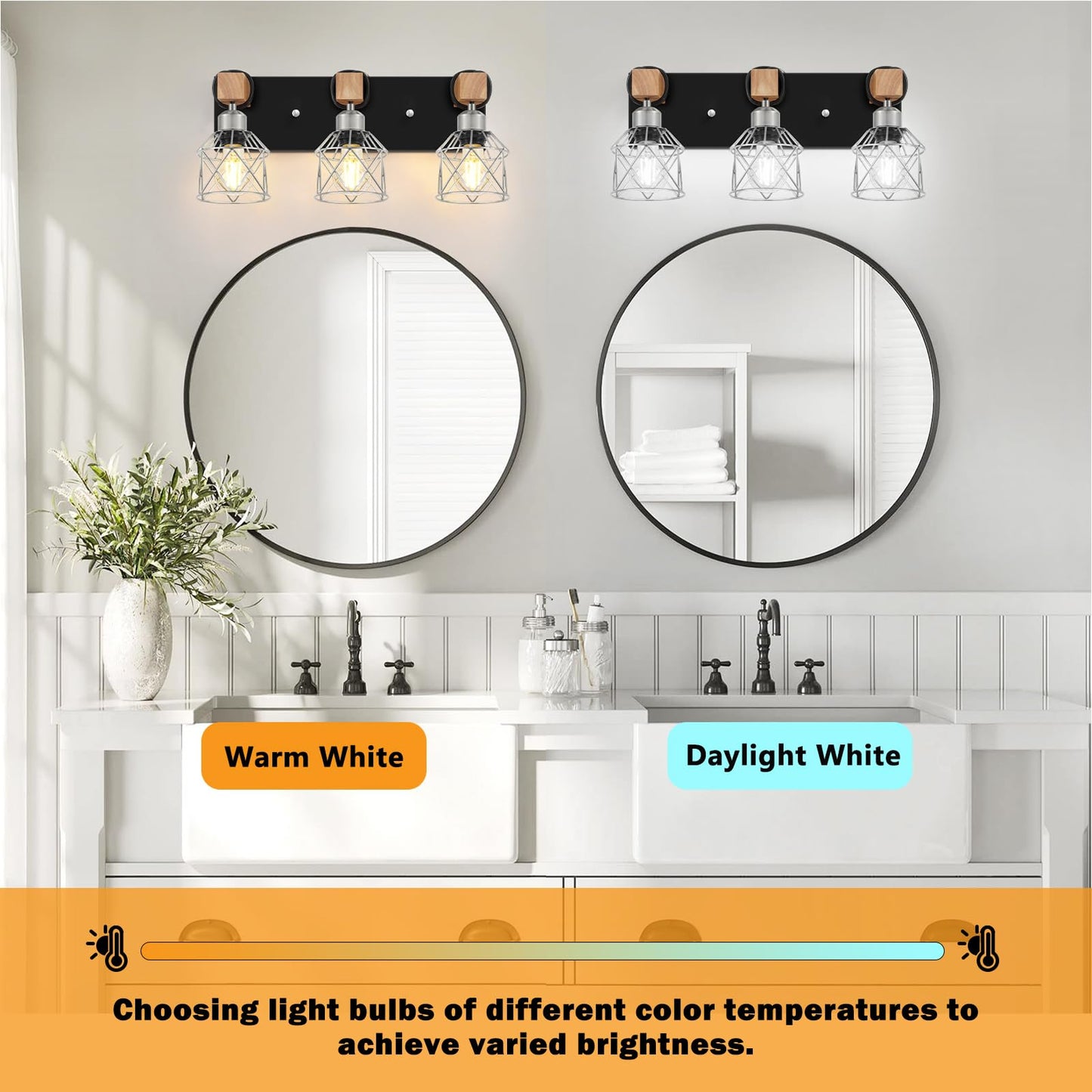 FadimiKoo 3-Light Wood Bathroom Light Fixtures Over Mirror, Rustic Black Silver Famhourse Sconces Wall Decor with Elegant Metal Lampshade for Living Room, Bedroom, Porch