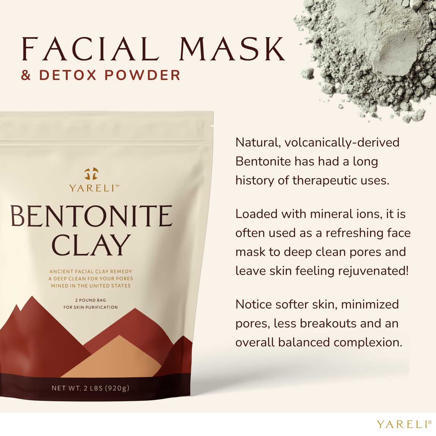 YARELI Calcium Bentonite Clay Powder Facial Mask & Cleansing Bath, 2lb