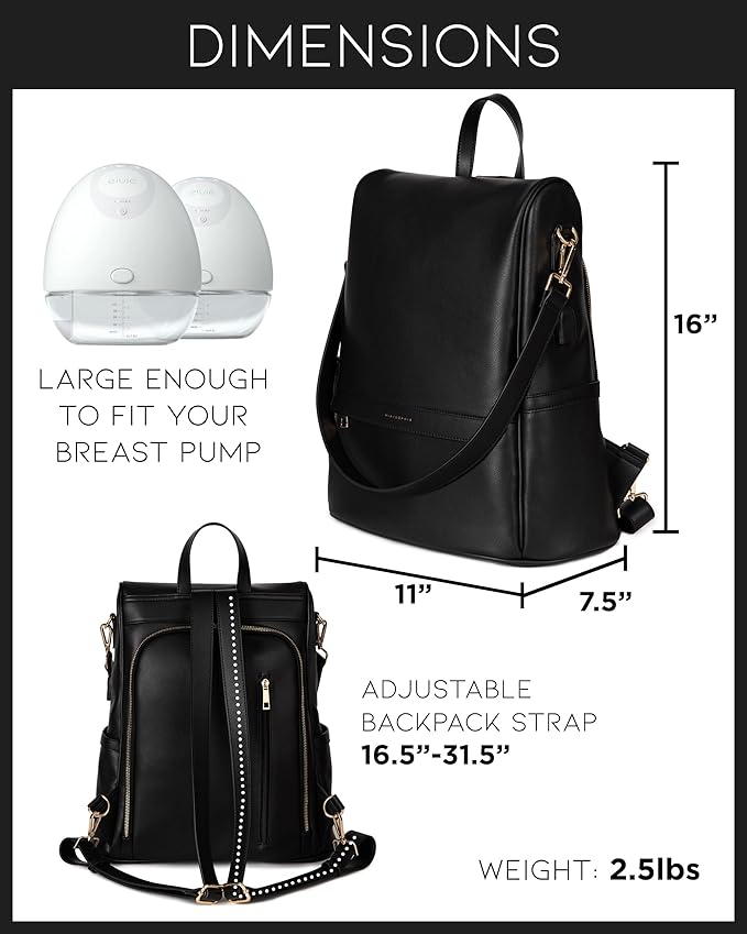 MIA + SOPHIA Leather Diaper Bag Backpack with USB Charging port, Changing Pad, Stroller Straps (Black Mia)