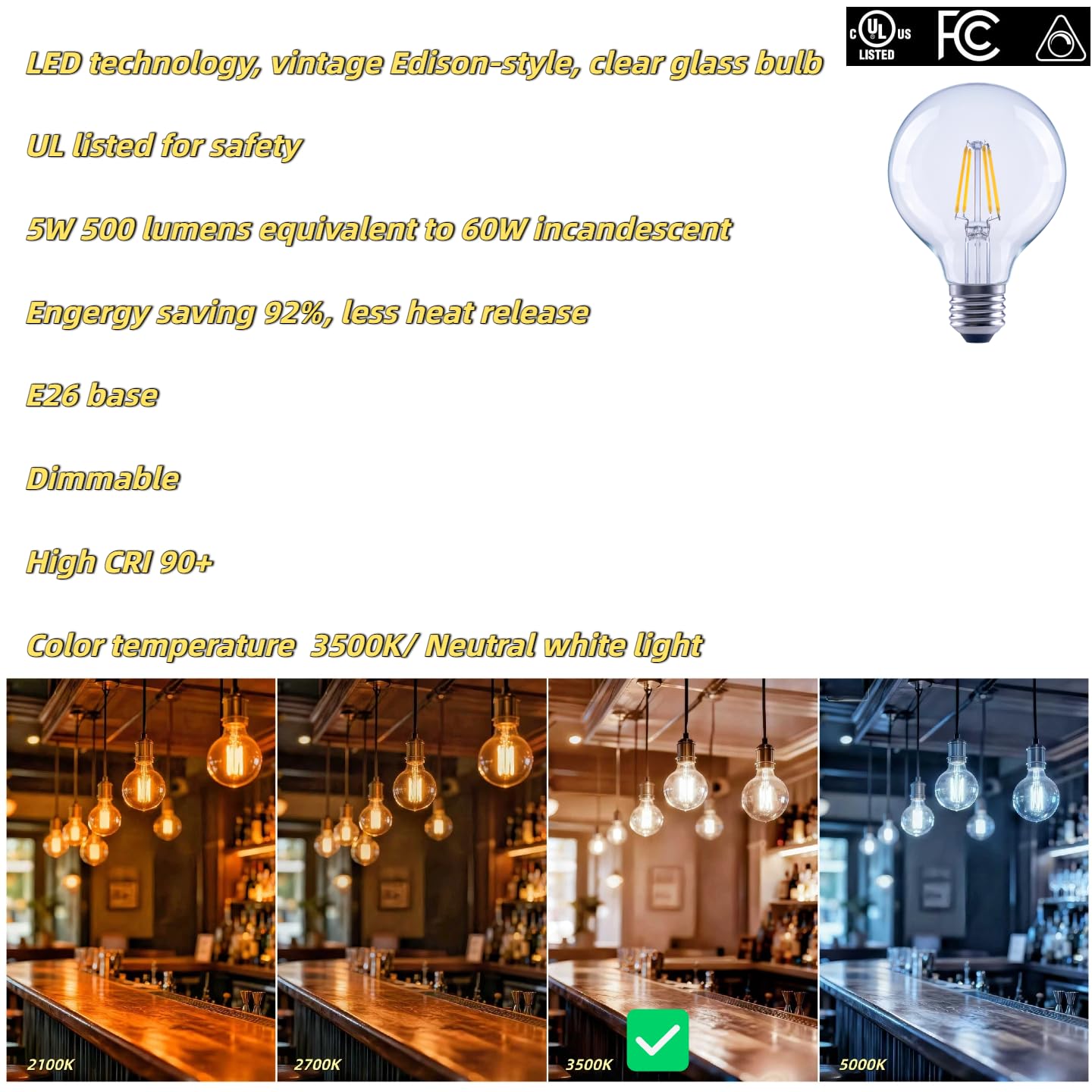 Synoonphen G25 LED Globe Light Bulbs, 60W Equivalent 500 Lumens, E26 Base Dimmable Neutral White 3500K, CRI 90+ Edison Vanity Light Bulbs for Bathroom Mirror, Bedroom, Kitchen, Clear Glass, 6 Pack