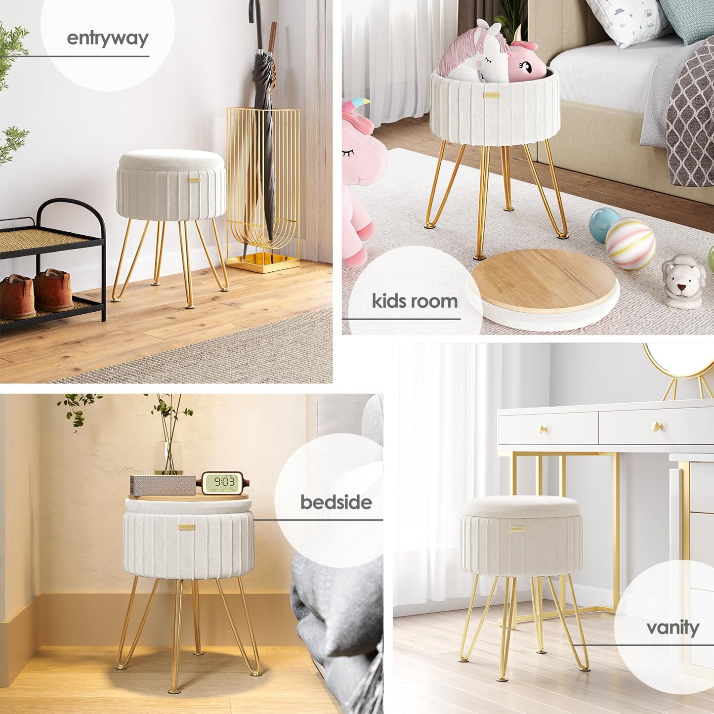 STORAGEBUD Round Ottoman with Storage, Pleated Velvet Storage Ottoman, Foot Stool Ottomans, Makeup Vanity Stool, Small Ottomans Foot Rest, Modern Vanity Stools for Living Room and Bedroom, Cream