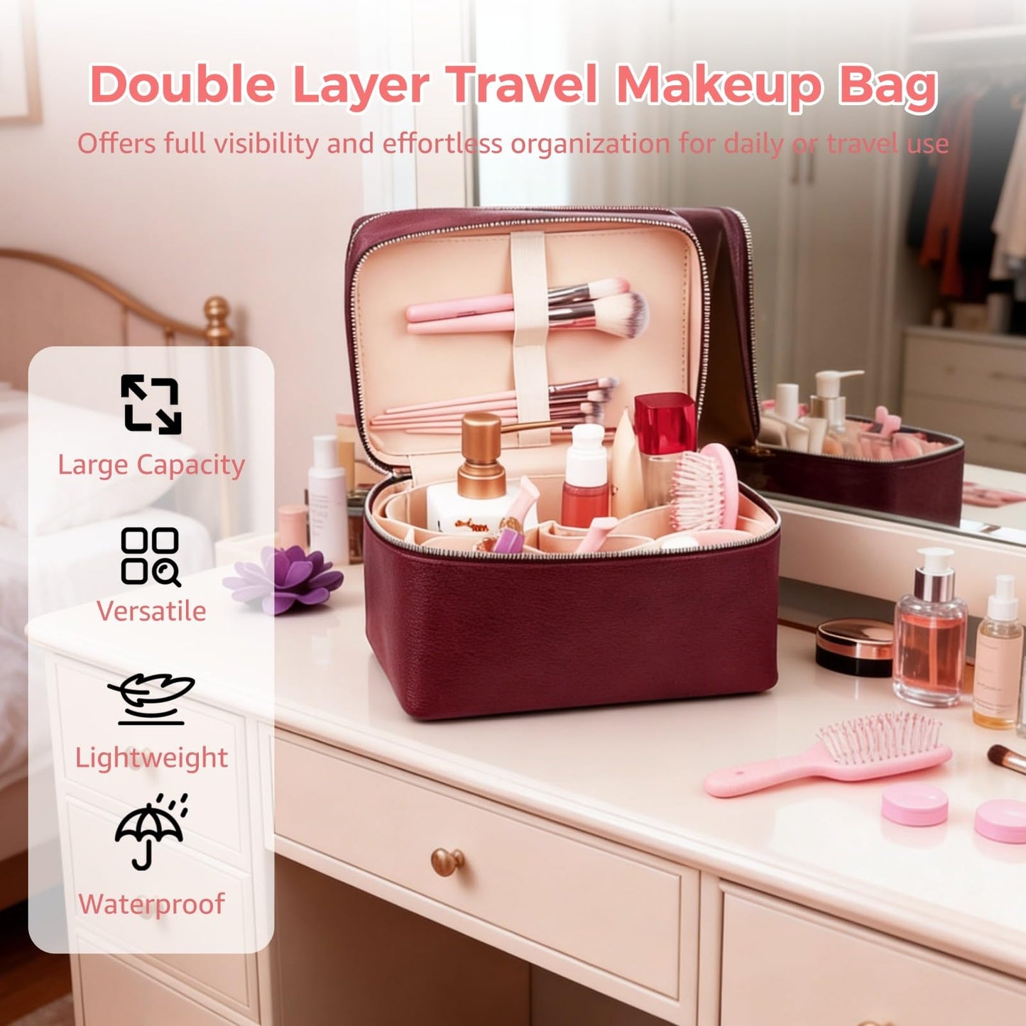 Makeup Vanity Bag for Women - Large Capacity Cosmetic Organizer with Removable Liner, Waterproof PU Leather Skincare Bag, Portable Chic Cosmetic Make Up Case for Skincare, Accessories,StyleC, Burgundy