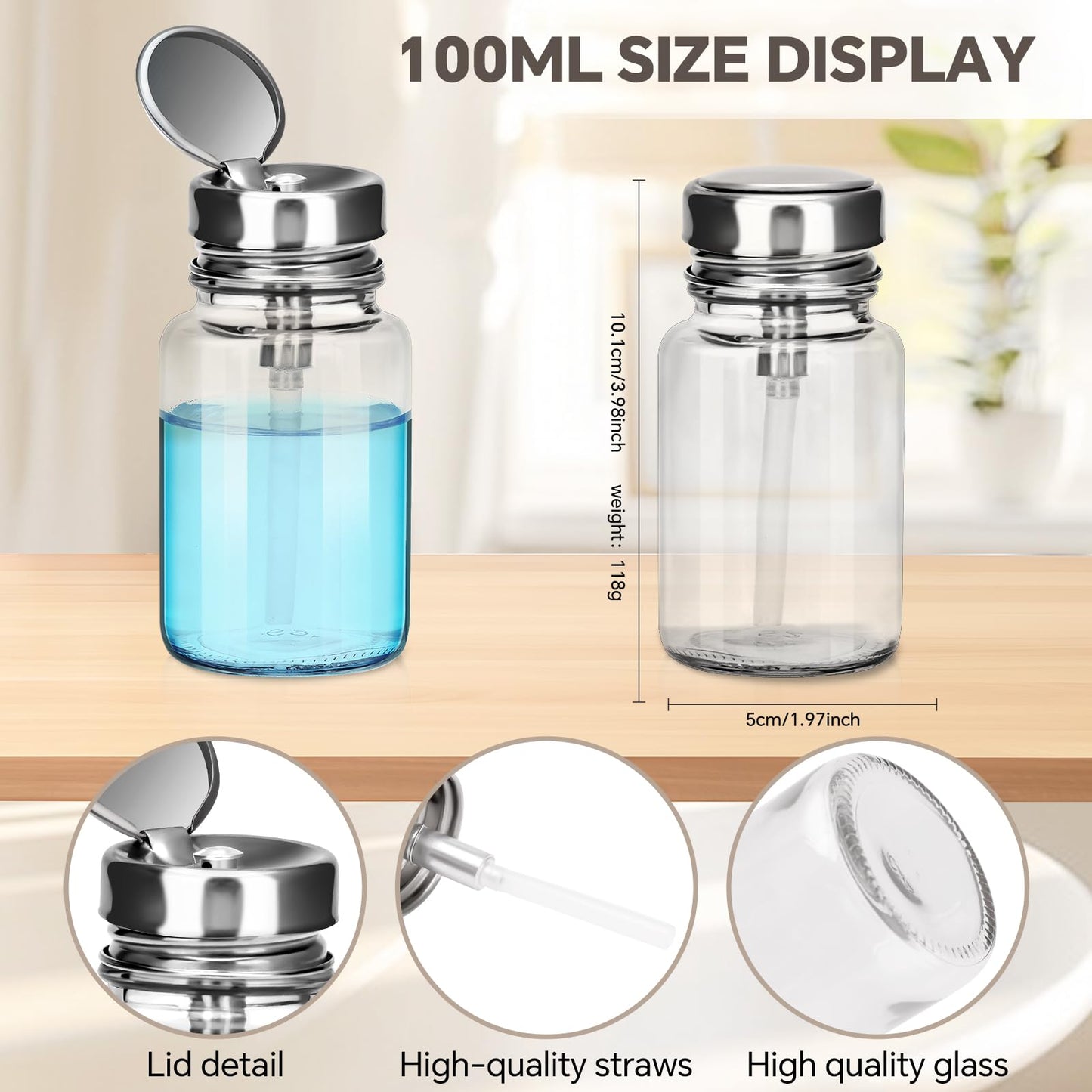 2-Pack 100ml/3.38oz Clear Glass Pump Dispenser Bottle with Metal Flip Top, Nail Polish Remover/Makeup Remover Refillable Press Container, 3.98×1.97 Inch Compact Size for Home, Travel & Salon