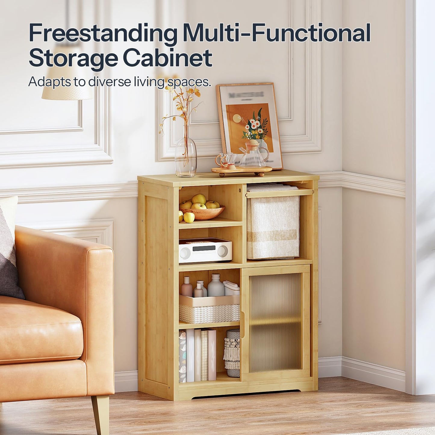 HOOBRO Bathroom Floor Cabinet, Small Bathroom Cabinet with 2 Doors, Floor Storage Cabinet, Bamboo Organizer Cabinet with Adjustable Shelves for Living Room, Dining Room, Entryway, Natural