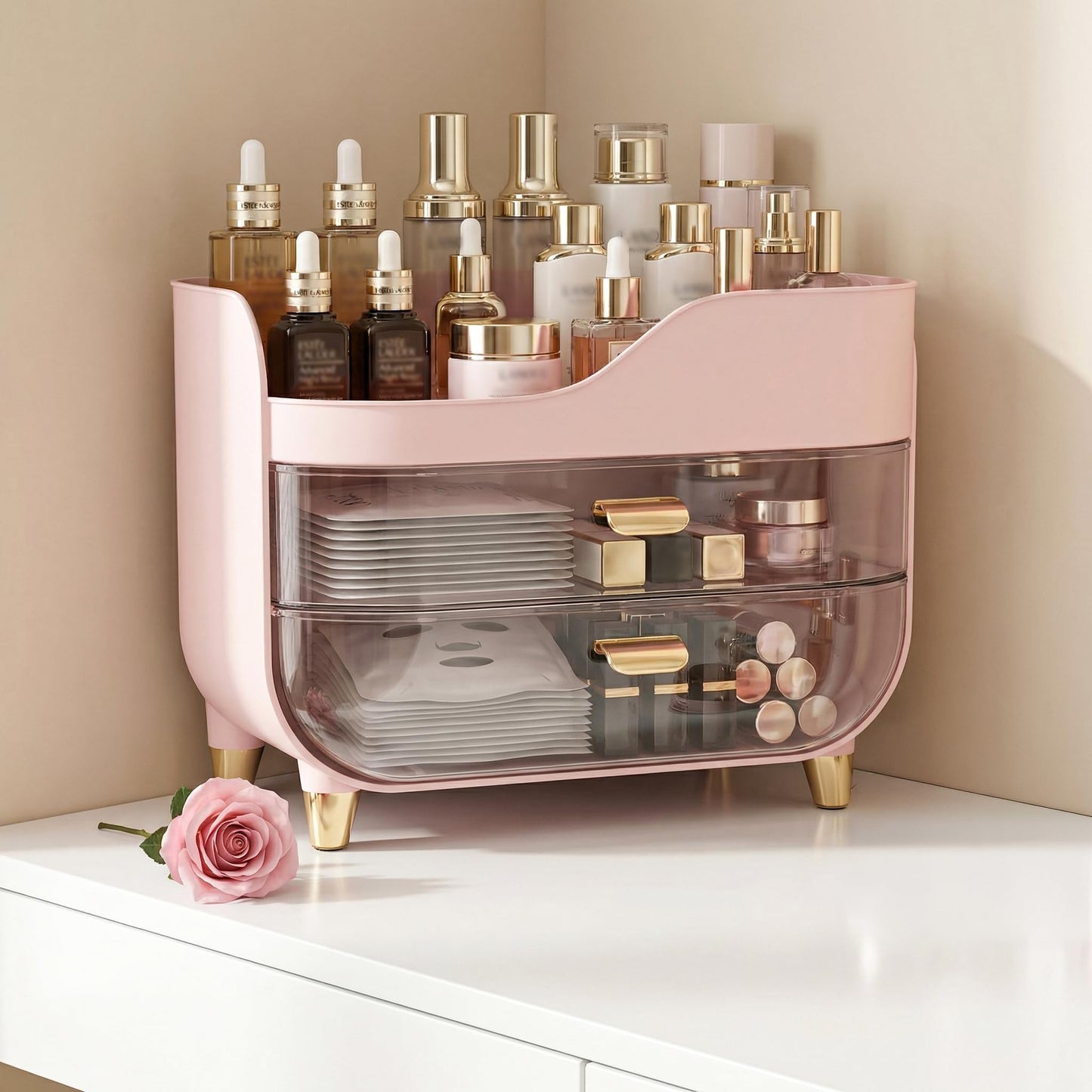 Asdbko Makeup Organizer for Vanity with Large Smooth Drawers Extra Large Skincare Organizer for Bathroom Countertop and Dresser, Crystal Clear Cosmetic Storage Display Case for Beauty Products