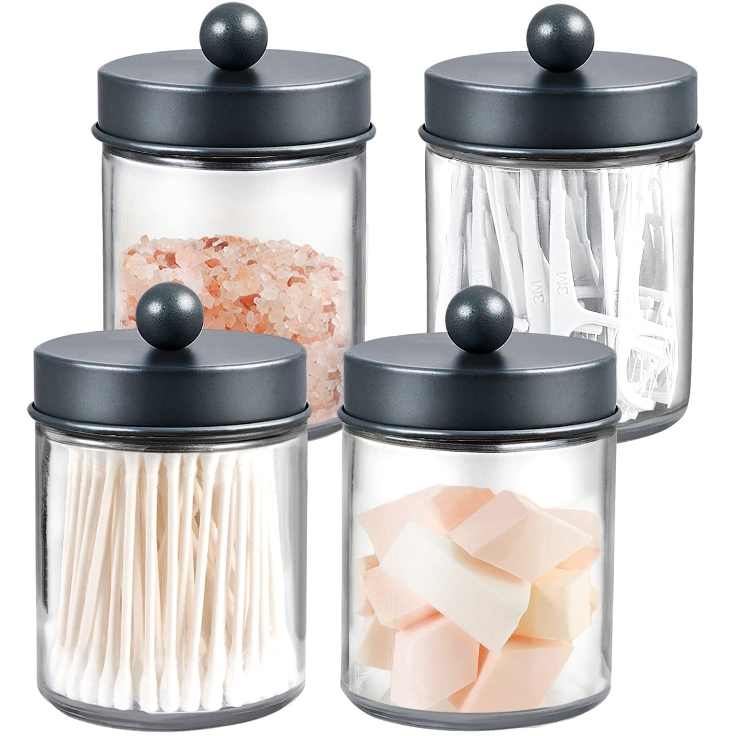 Amolliar 4 Pack Apothecary Jars Bathroom Vanity Storage Organizer Set -Countertop Canister with Stainless Steel Lids &Cute Stickers - Qtip Dispenser Holder for Qtips,Cotton Swabs,Makeup Sponges (Grey)