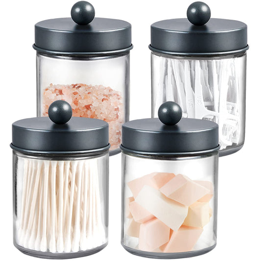 Amolliar 4 Pack Apothecary Jars Bathroom Vanity Storage Organizer Set -Countertop Canister with Stainless Steel Lids &Cute Stickers - Qtip Dispenser Holder for Qtips,Cotton Swabs,Makeup Sponges (Grey)