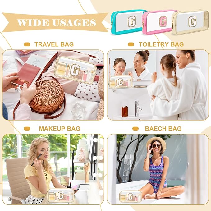 Personalized Initial Letter Clear Makeup Bag,Preppy Small Nylon&PVC Cosmetic Zipper Bag with Chenille Letter,Portable Beach Travel Skincare Toiletry Bag,Trendy Monogram Gift for Teen Girls Women,G