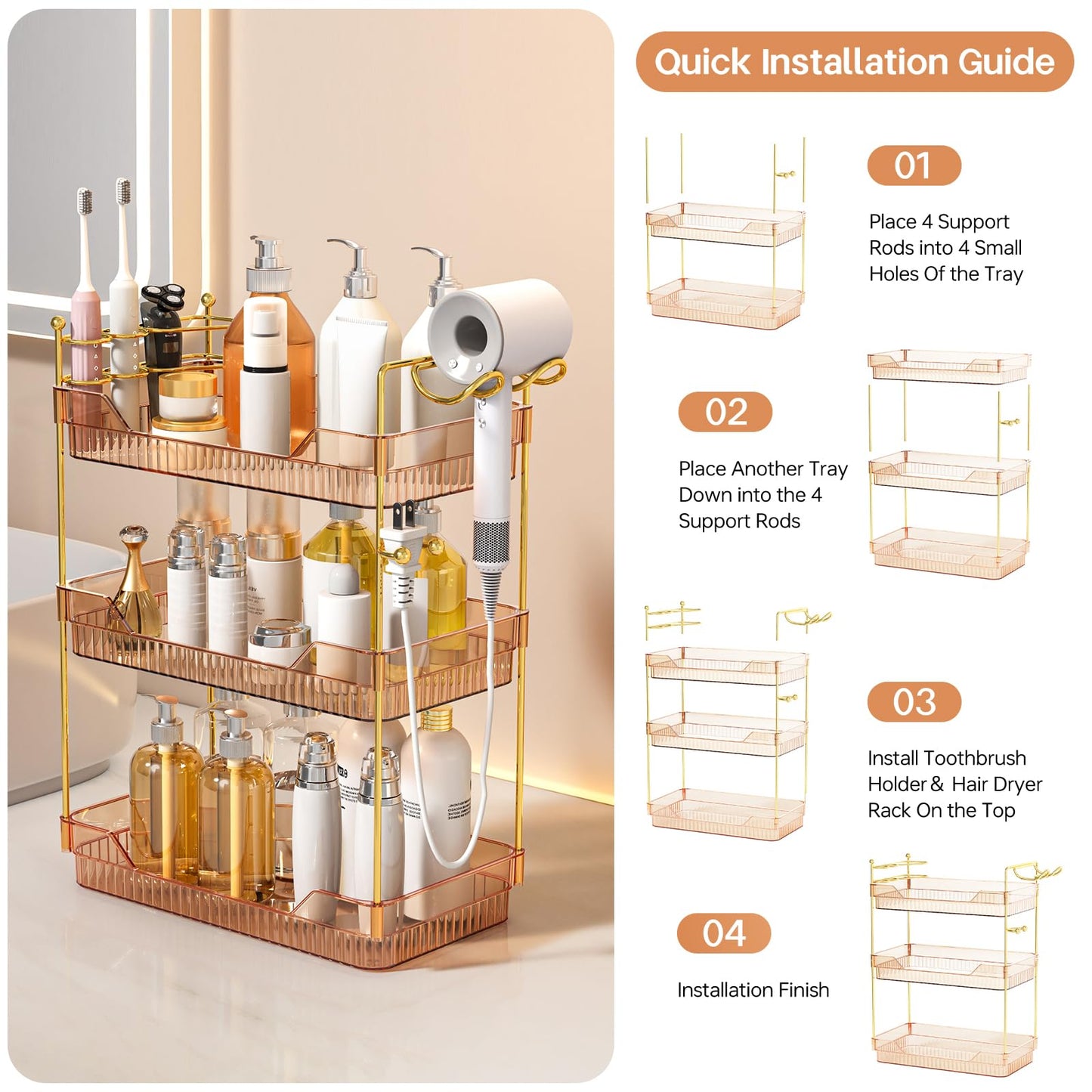 ZZWILLB 3-Tier Bathroom Countertop Organizer - Amber Acrylic Vanity Trays with Hair Dryer & Toothbrush Holder - Luxury Skincare, Perfume & Makeup Storage Rack for Countertop, Dresser & Cabinet