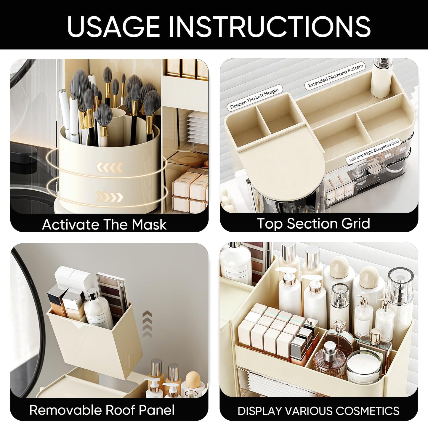 TIMBERHIDE Makeup Organizer,Rotating Cosmetic Storage Organizer with Drawers,Large Capacity Makeup Brush Holder,Skincare Vanity Organizer for Bathroom Countertop,Cream.