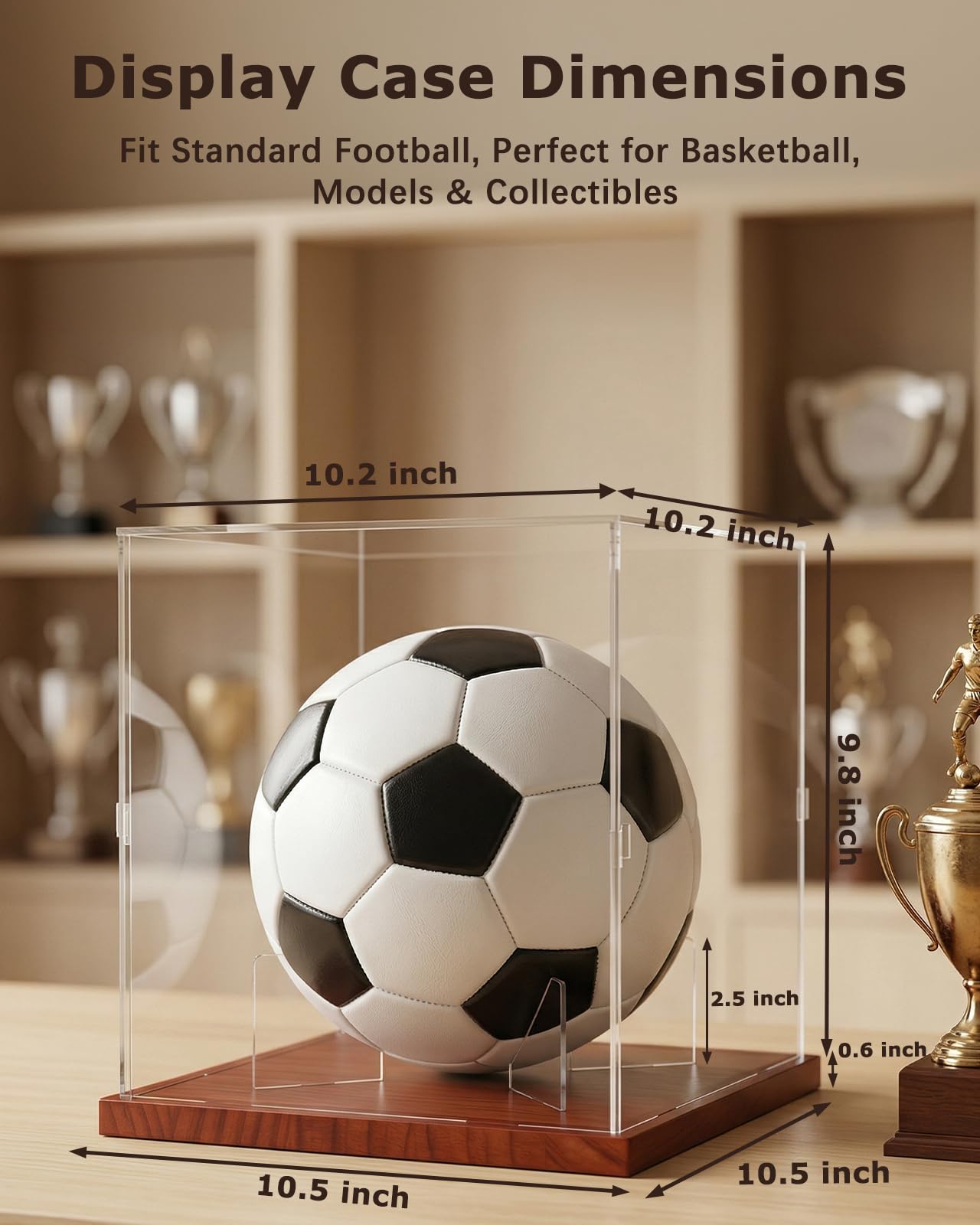 Fitense Soccer Ball Display Case with Solid Wood Base, UV Protected Clear Acrylic Box, Removable Transparent Holder for Autographed Balls, Sports Collectibles & Memorabilia Display