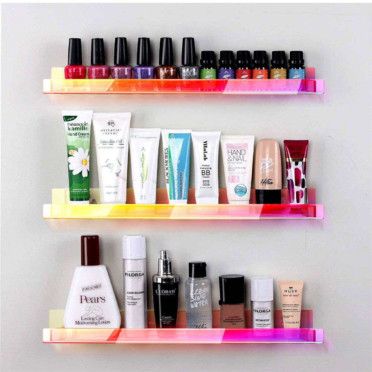 RORKIM 8 Pack 15 Inch Iridescent Acrylic Shelves, Clear Rainbow Kids Floating Bookshelf for Kids Room, Modern Sunglasses Essential Oil Picture Ledge Display Toy Storage Wall Shelf
