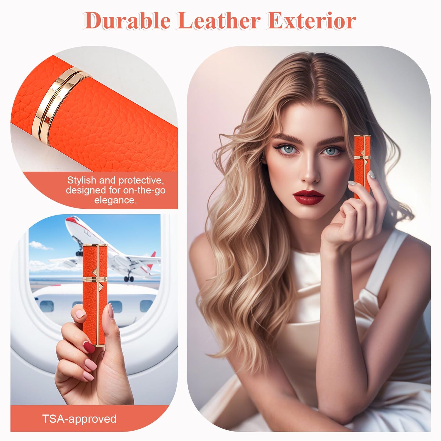 Coxotom Refillable Travel Perfume Bottle – Fine Mist Atomizer, Bottom Fill, Genuine Leather Shell, TSA Approved, For Daily Refresh & Travel (Orange, 5ml)