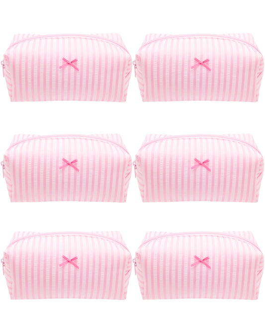PAZIMIIK 6PCS Cozy Makeup Bag Small Aesthetic Travel Zipper Cosmetic Pouch for Women Make Up Beauty Accessories Brushes, Stripe Cute Pink
