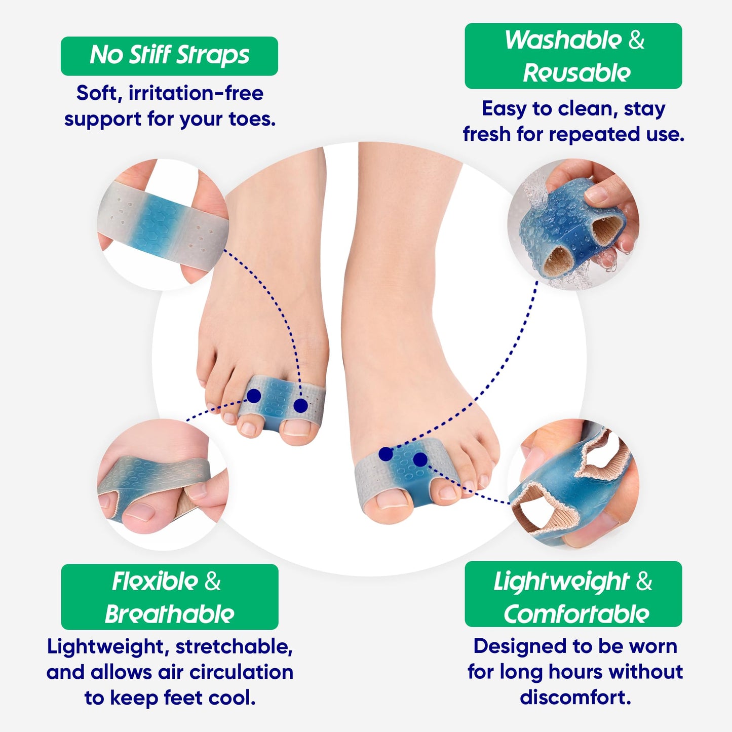 Hyggear Bunion Corrector for Women & Men - Big Toe Straightener with Silicone Pad, Adjustable Nylon Toe Separator for Hallux Valgus & Overlapping Toes, Washable Bunion Brace (1 pc, Blue)